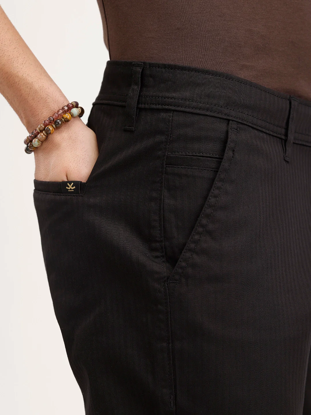 Solid Straight Fit Herringbone Trouser | Black - Image 5