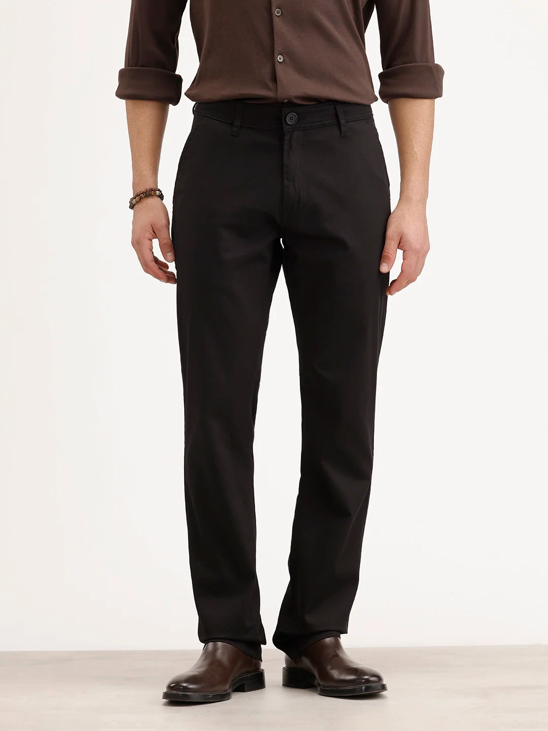 Solid Straight Fit Herringbone Trouser | Black - Image 6