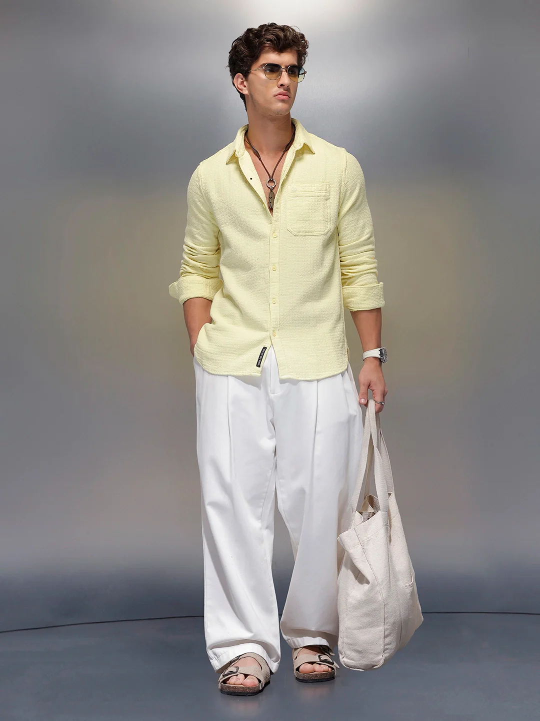 Solid Textured Full Sleeve Shirt   |  Yellow - Image 2