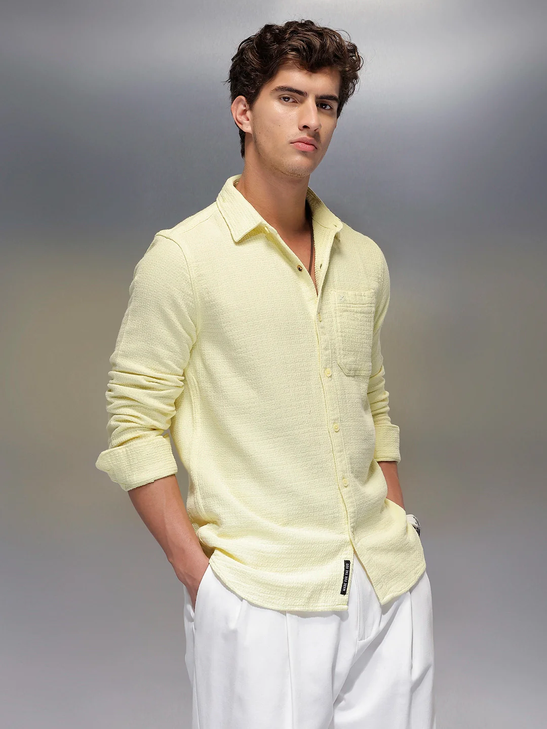 Solid Textured Full Sleeve Shirt   |  Yellow - Image 4