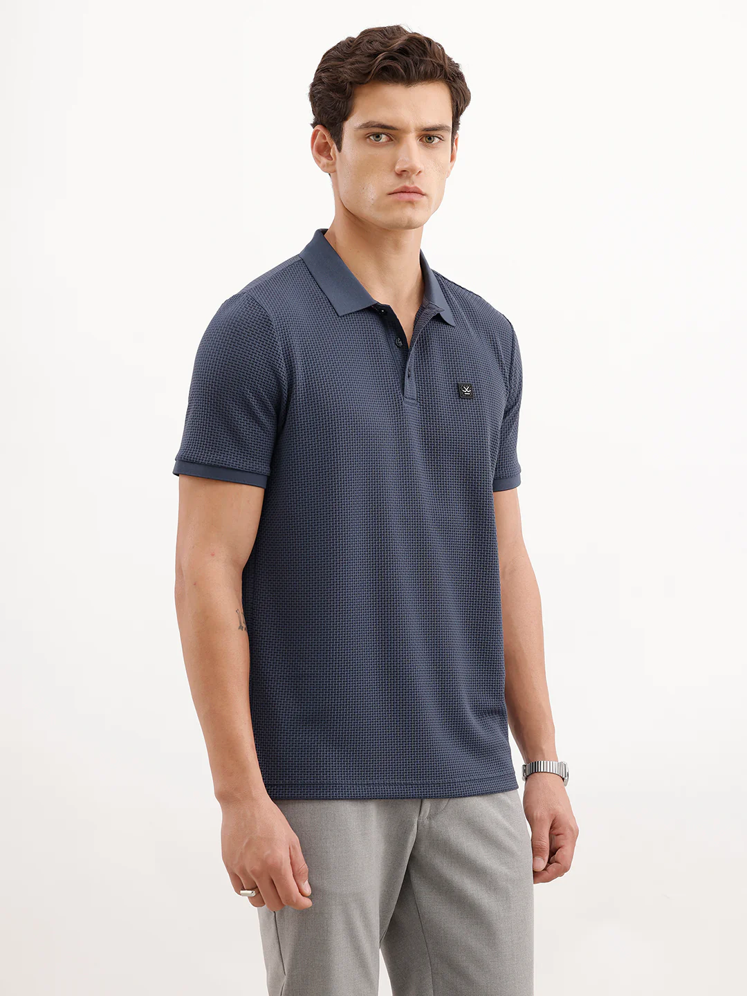 Solid Textured Polo T-Shirt  | Blue - Image 4