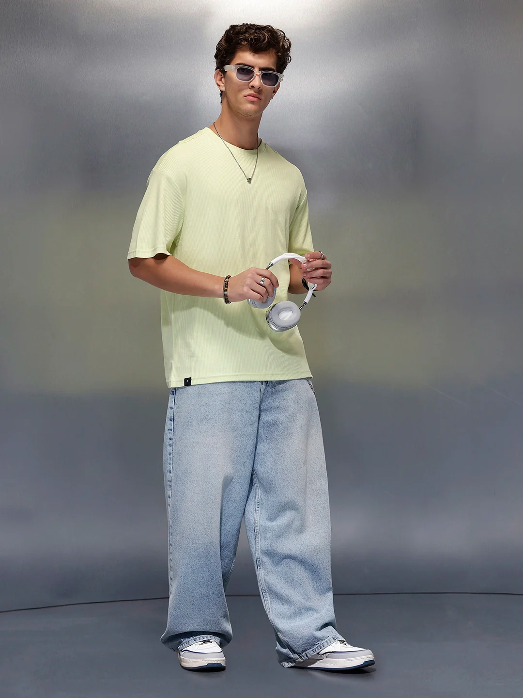 Solid Textured Regular Fit T-Shirt   |  Light Green - Image 2