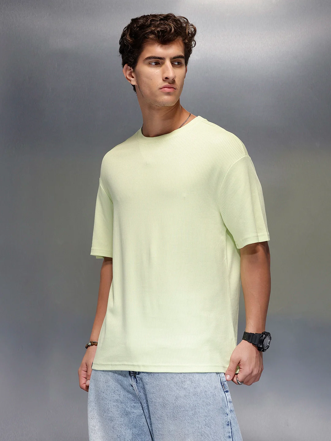 Solid Textured Regular Fit T-Shirt   |  Light Green - Image 4