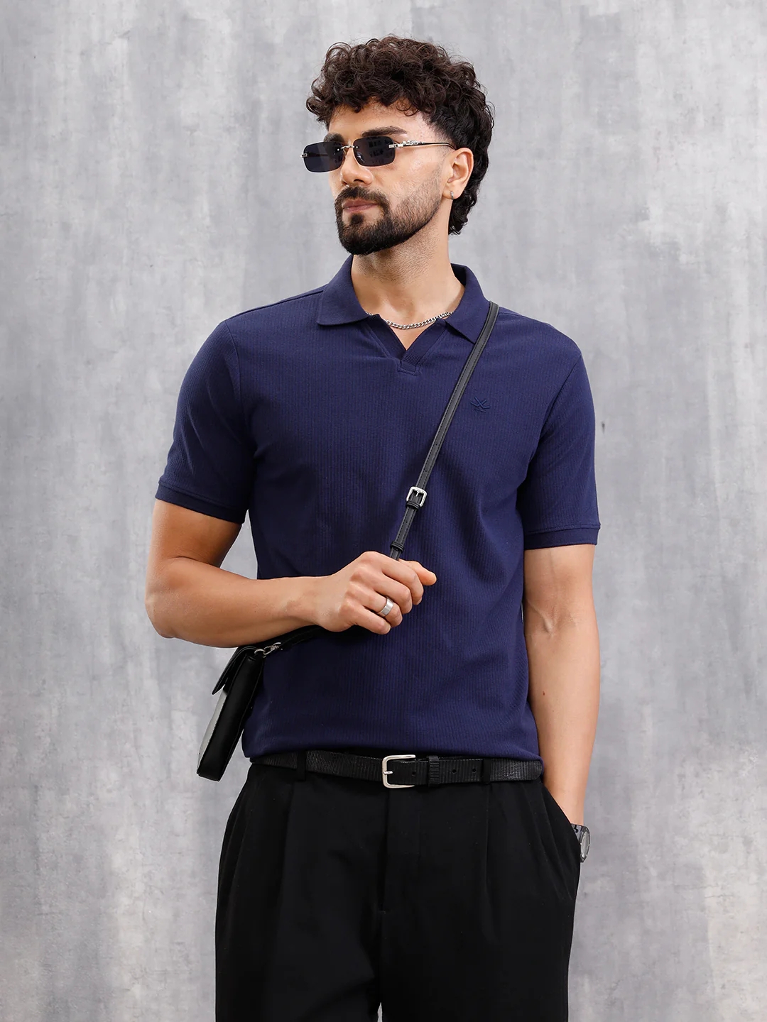 Solid Textured Slim Fit Polo T-Shirt  | Navy Blue - Image 4