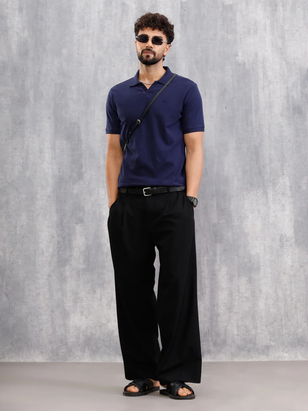 Solid Textured Slim Fit Polo T-Shirt  | Navy Blue - Image 5