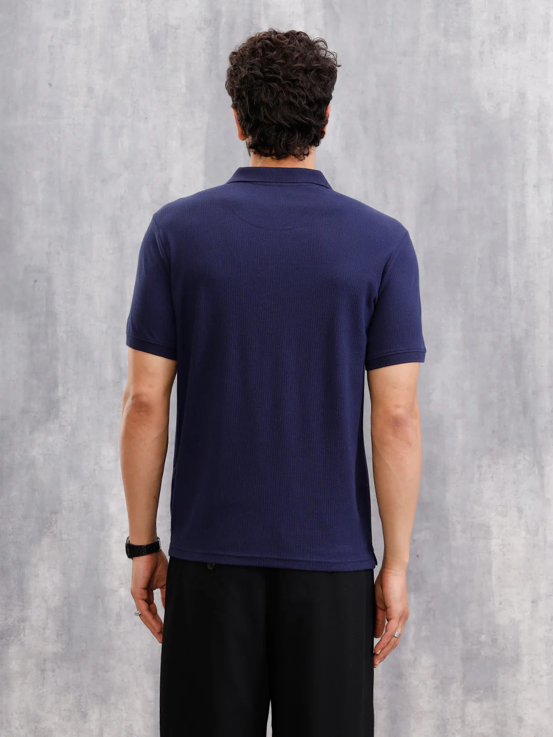 Solid Textured Slim Fit Polo T-Shirt  | Navy Blue - Image 6