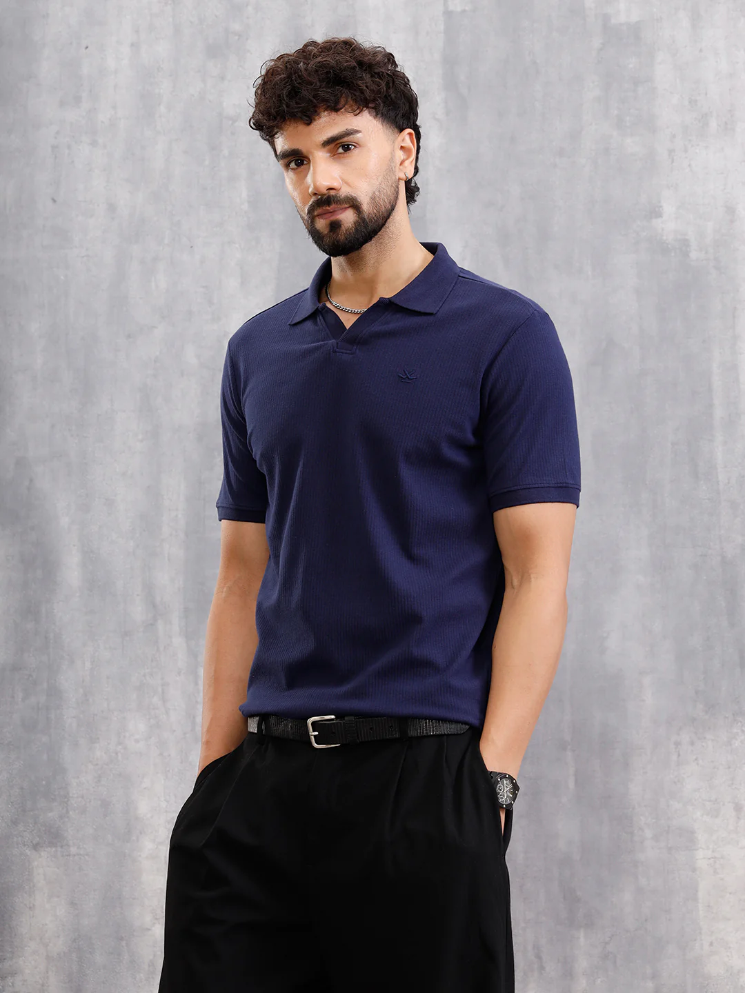 Solid Textured Slim Fit Polo T-Shirt  | Navy Blue - Image 8