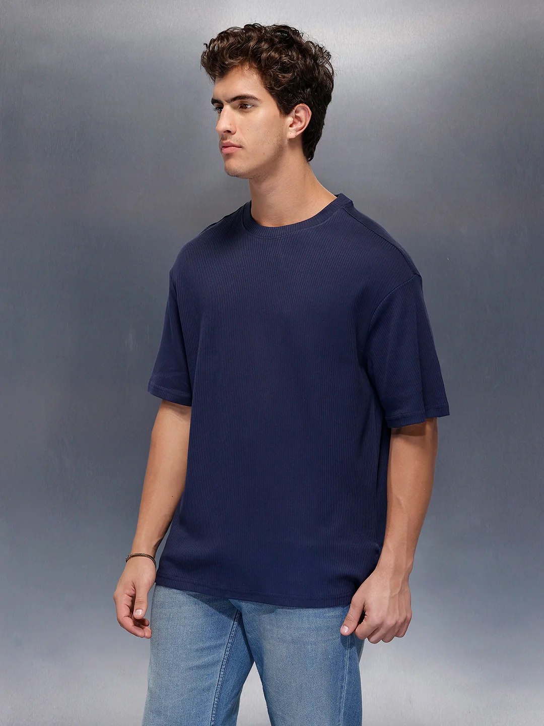 Solid Textured T-Shirt   |  Navy Blue - Image 4