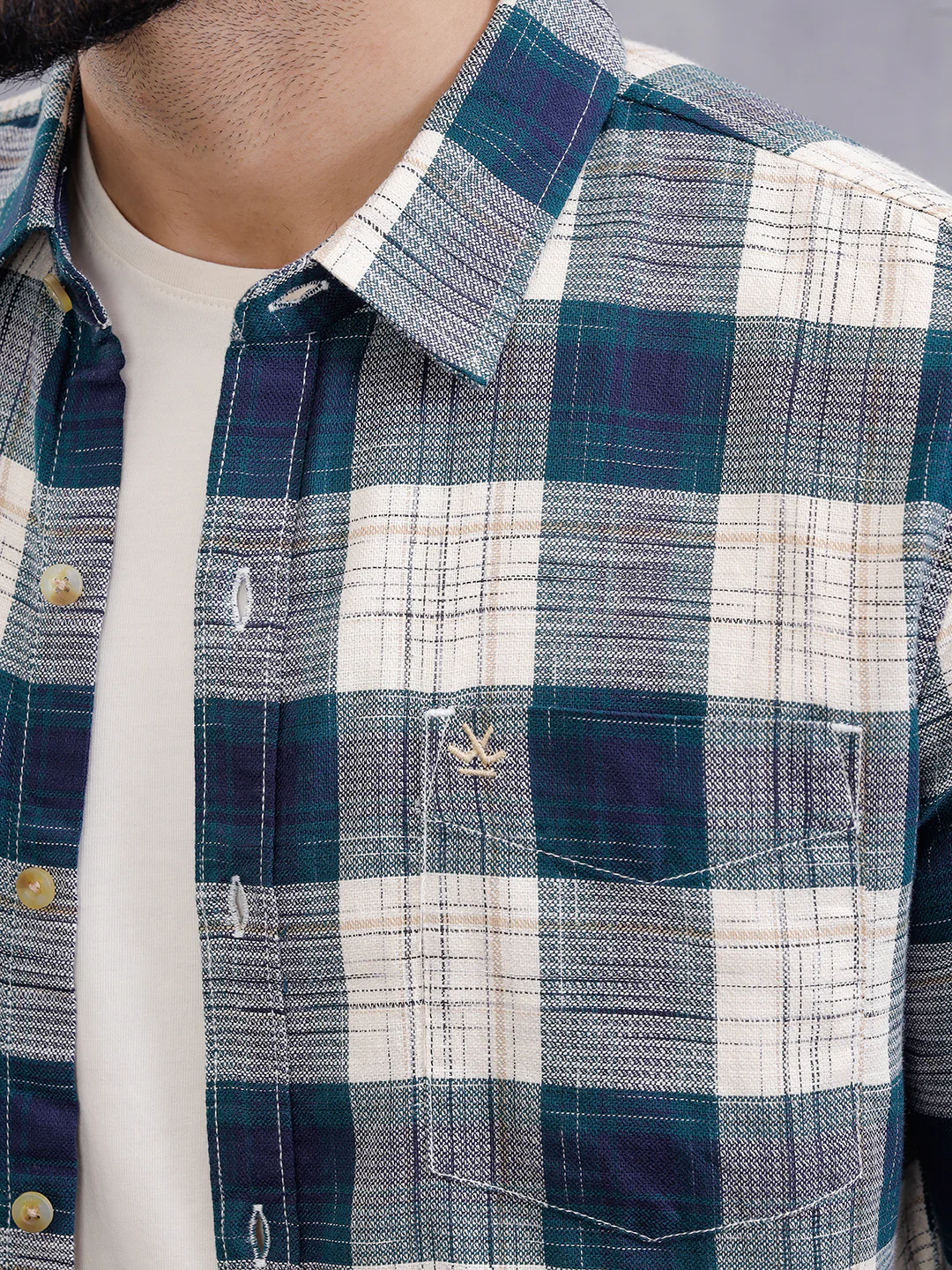 Space Dyed Check Shirt In Slim Fit | Teal - Image 4