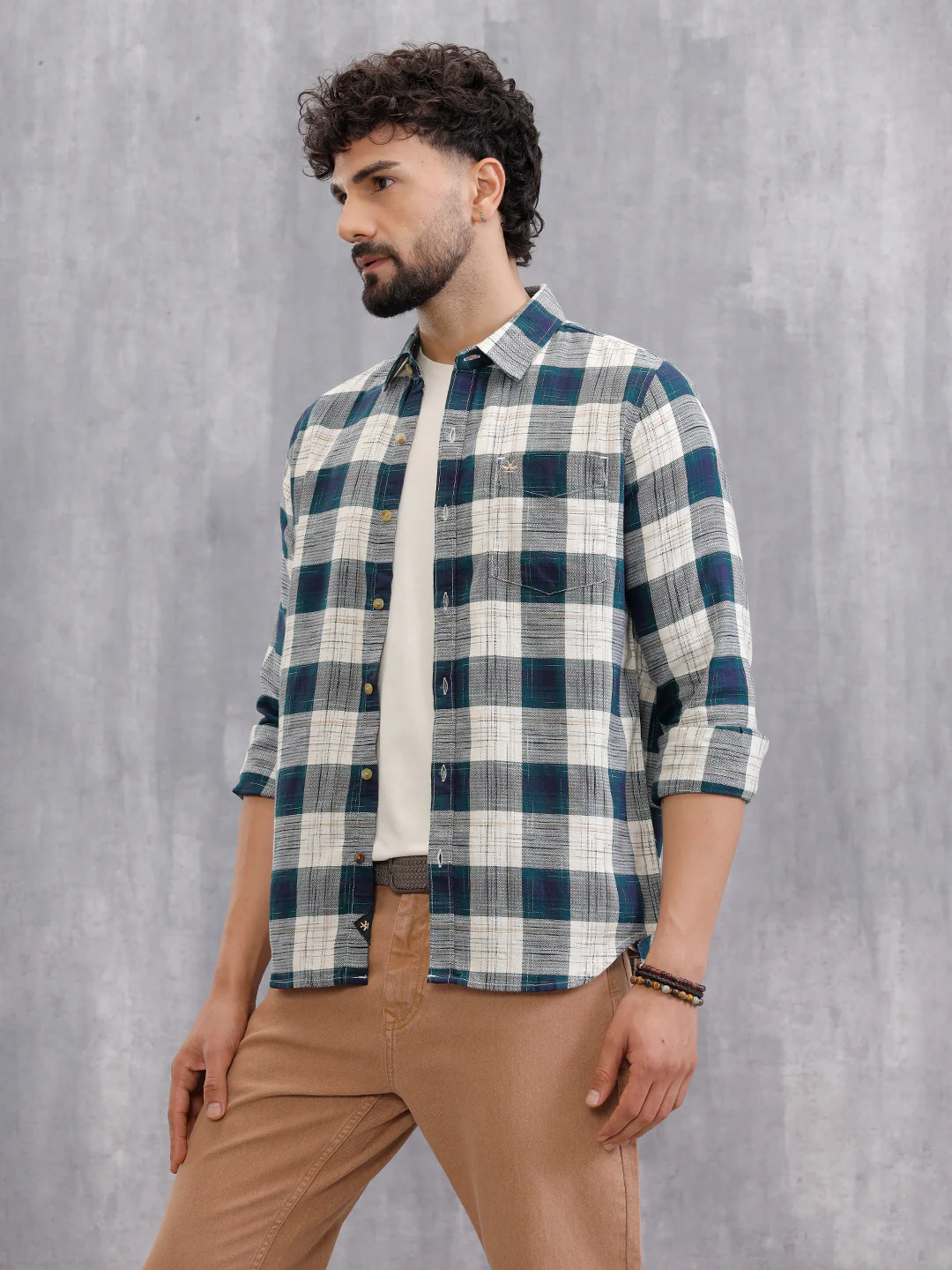 Space Dyed Check Shirt In Slim Fit | Teal - Image 5