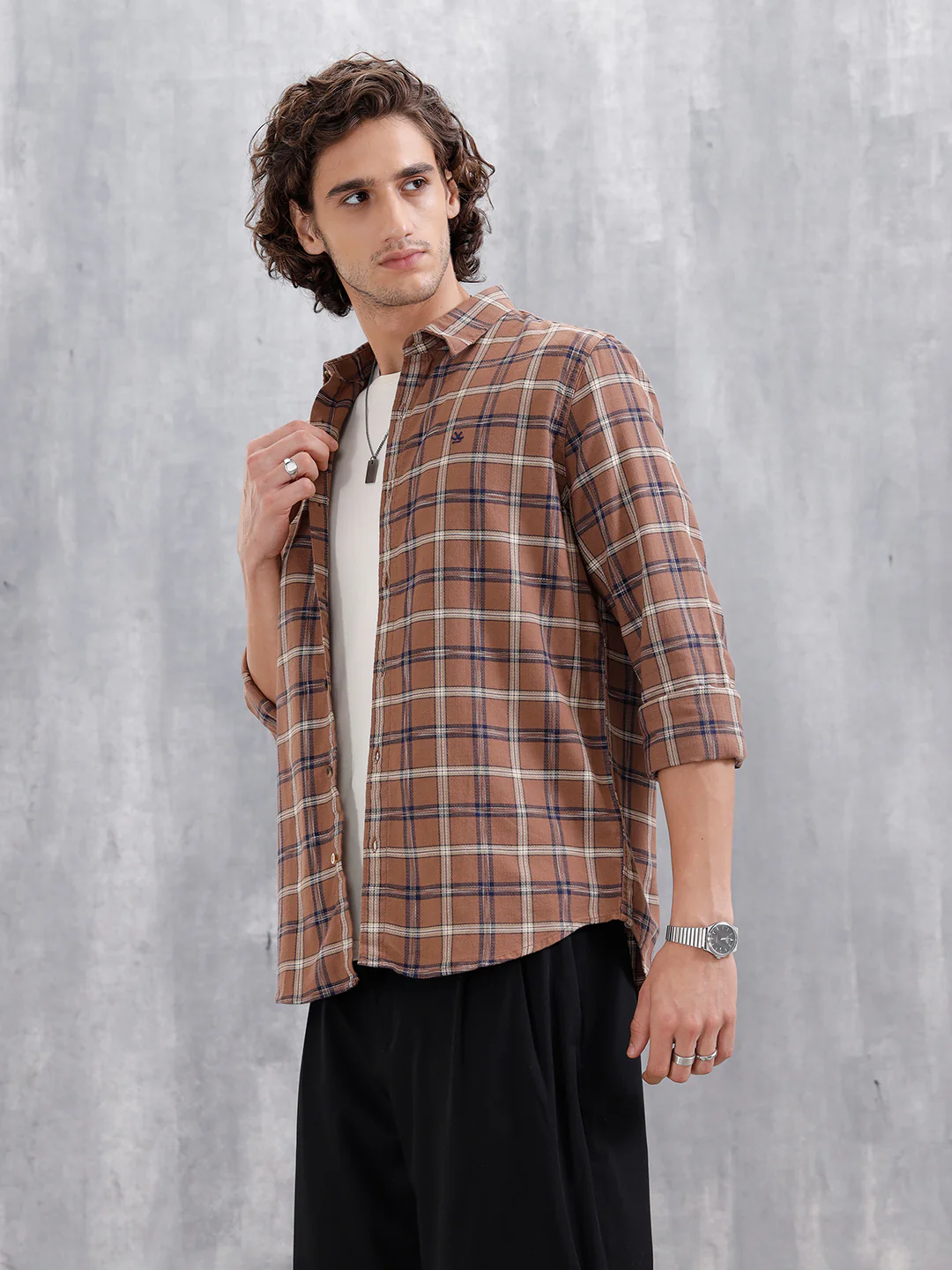 Space Dyed Dobby Check Slim Fit Shirt | Brown - Image 4