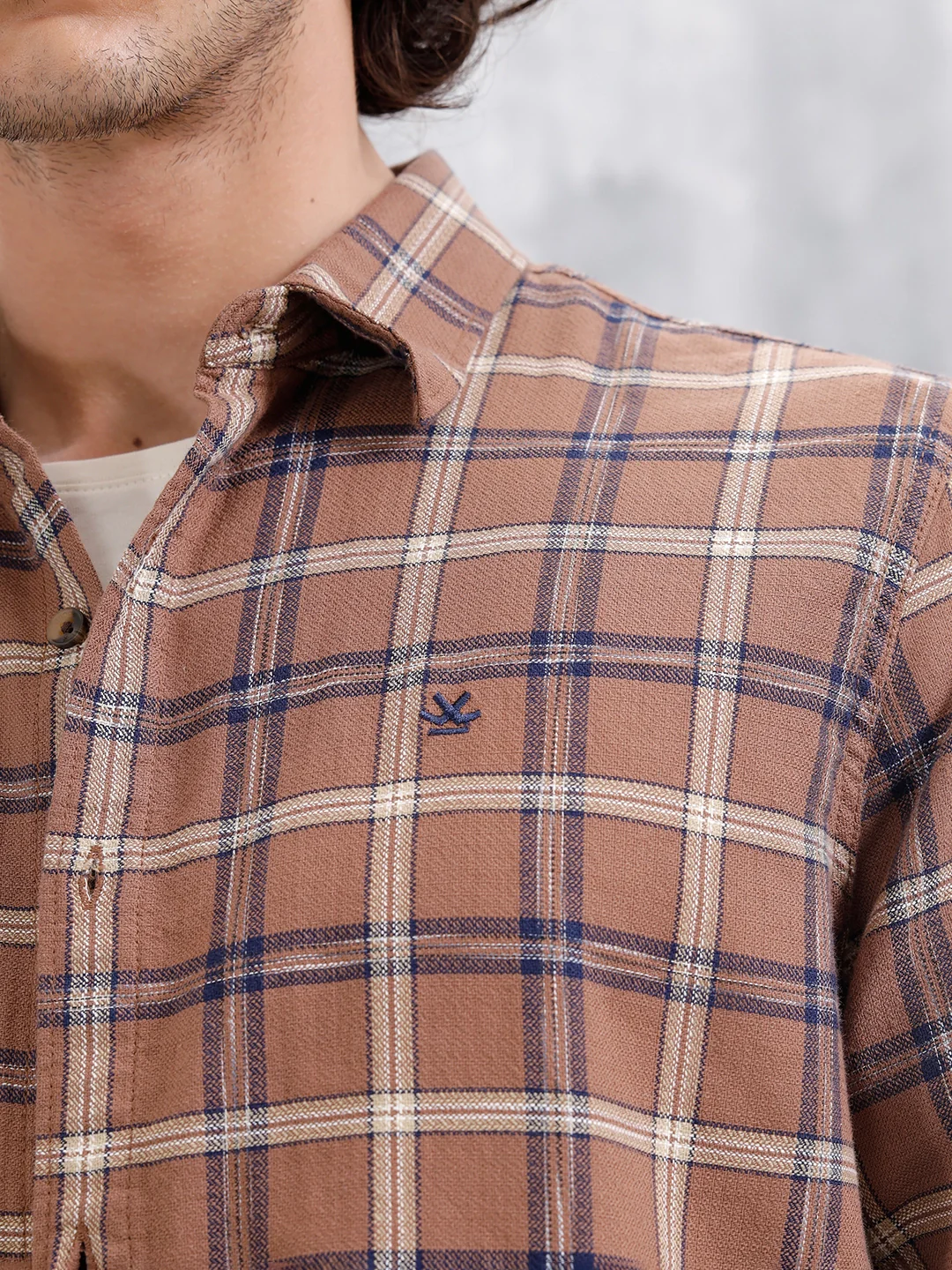 Space Dyed Dobby Check Slim Fit Shirt | Brown - Image 5