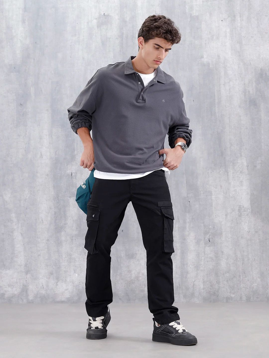 Straight Fit Cotton Twill Utility Trousers With Snap Pockets | Black - Image 2