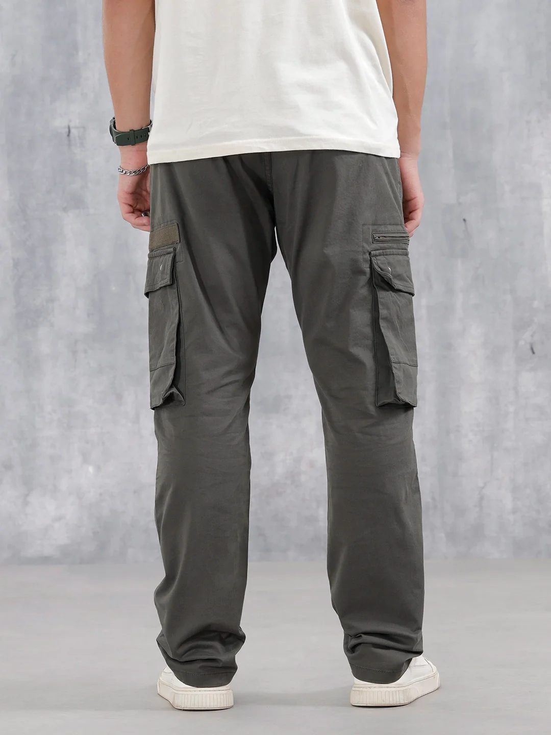 Straight Fit Cotton Twill Utility Trousers With Snap Pockets | Light Olive - Image 3