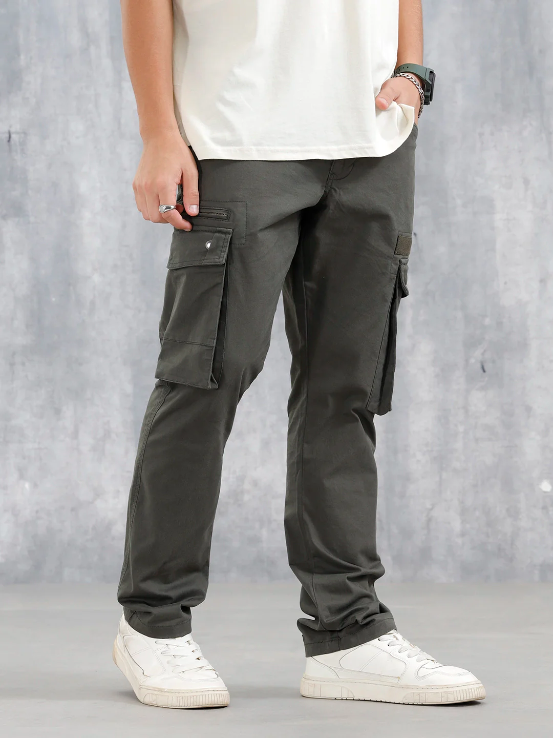 Straight Fit Cotton Twill Utility Trousers With Snap Pockets | Light Olive - Image 4