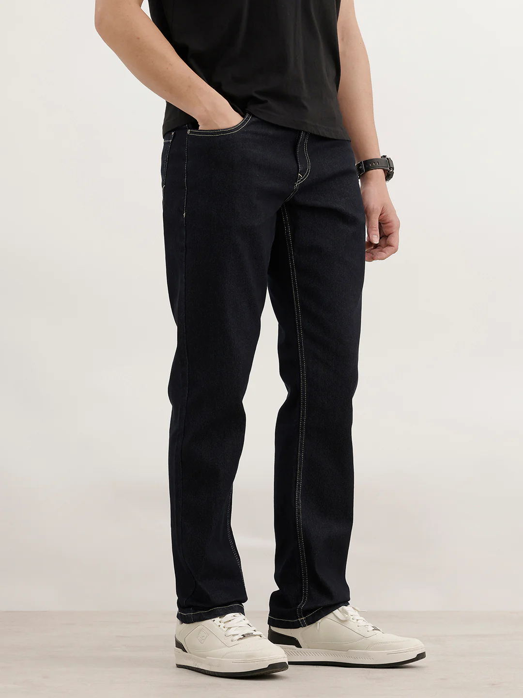 Straight Fit Solid Denim Jeans  | Dark Blue - Image 4