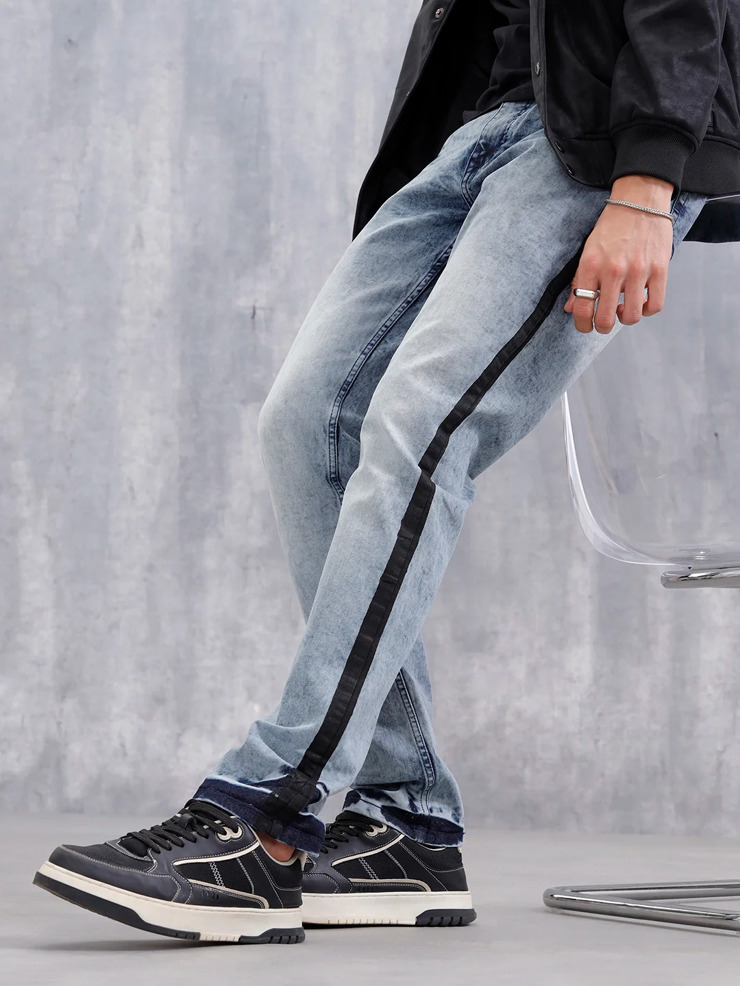 Straight Fit Statement Side Seam Print Jeans | Med Stone - Image 5