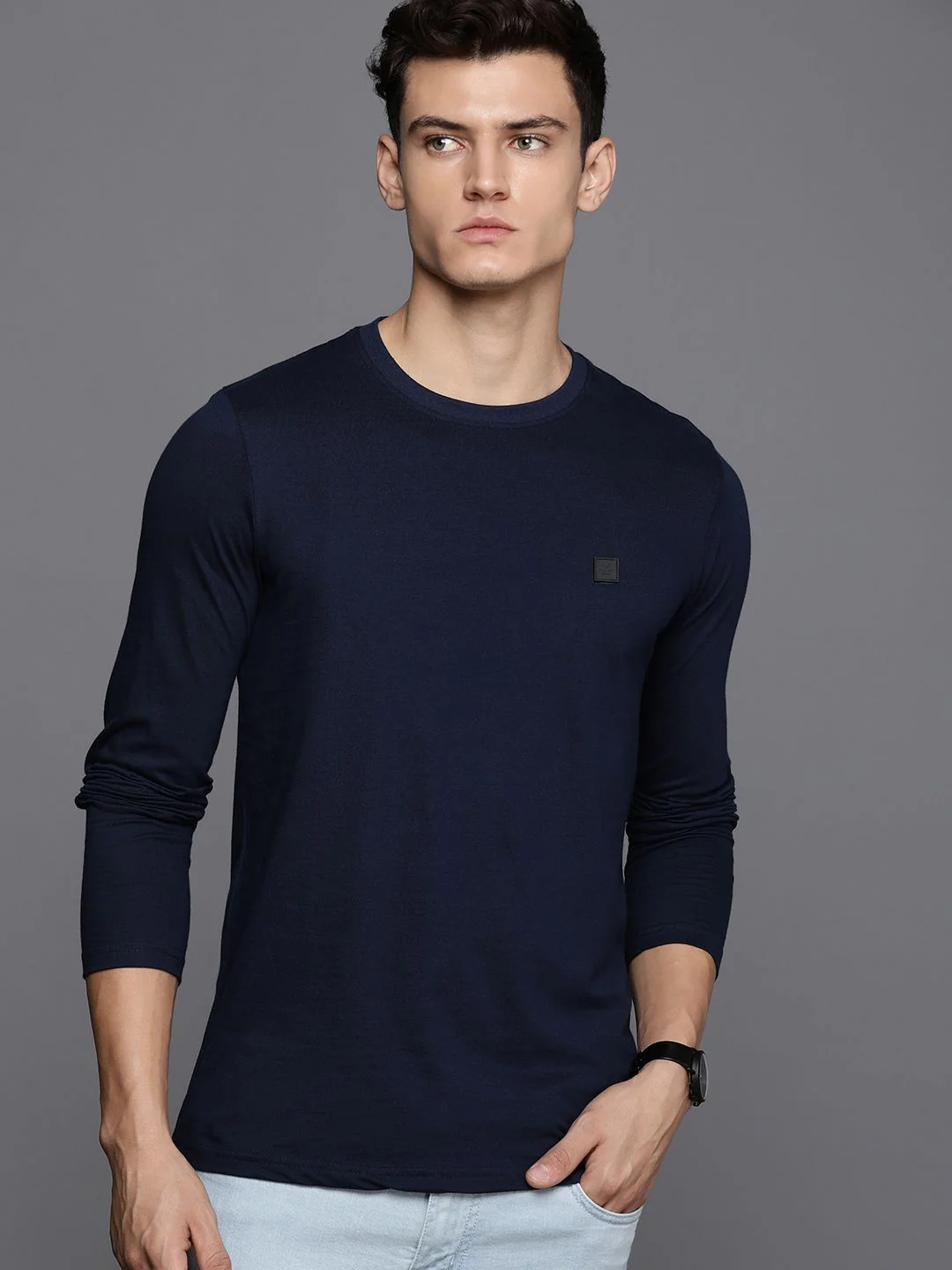 Striking Navy Blue Round Neck T-Shirt - Image 4
