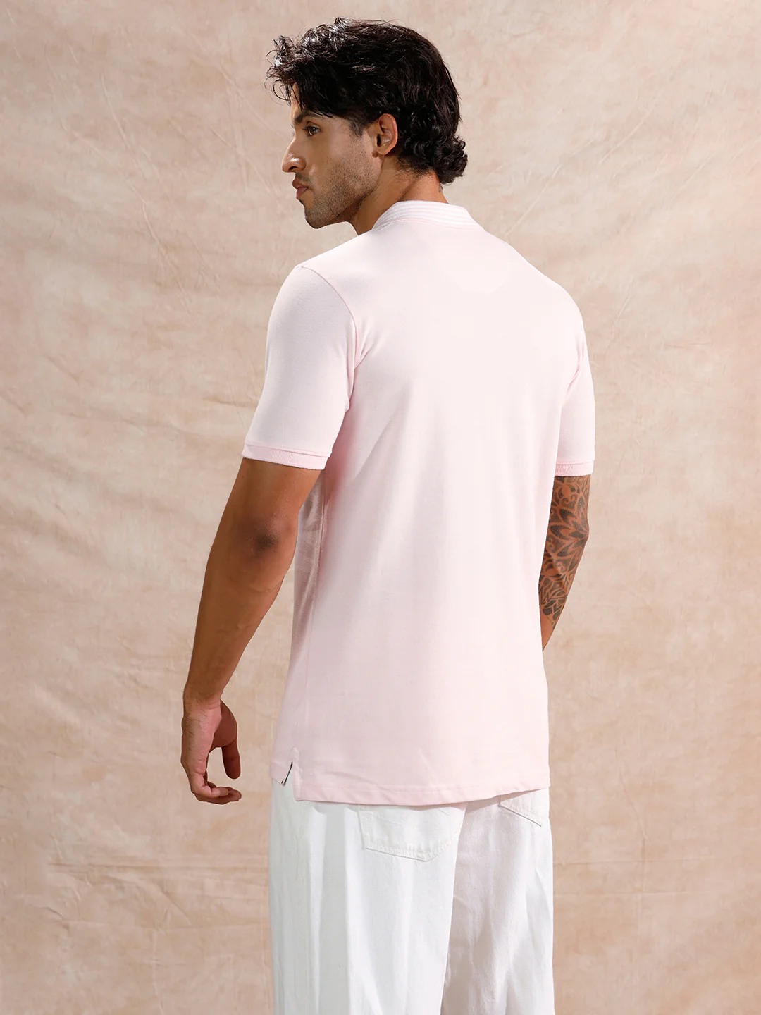 Striped Collar Slim Fit Polo T-Shirt | Light Pink - Image 3