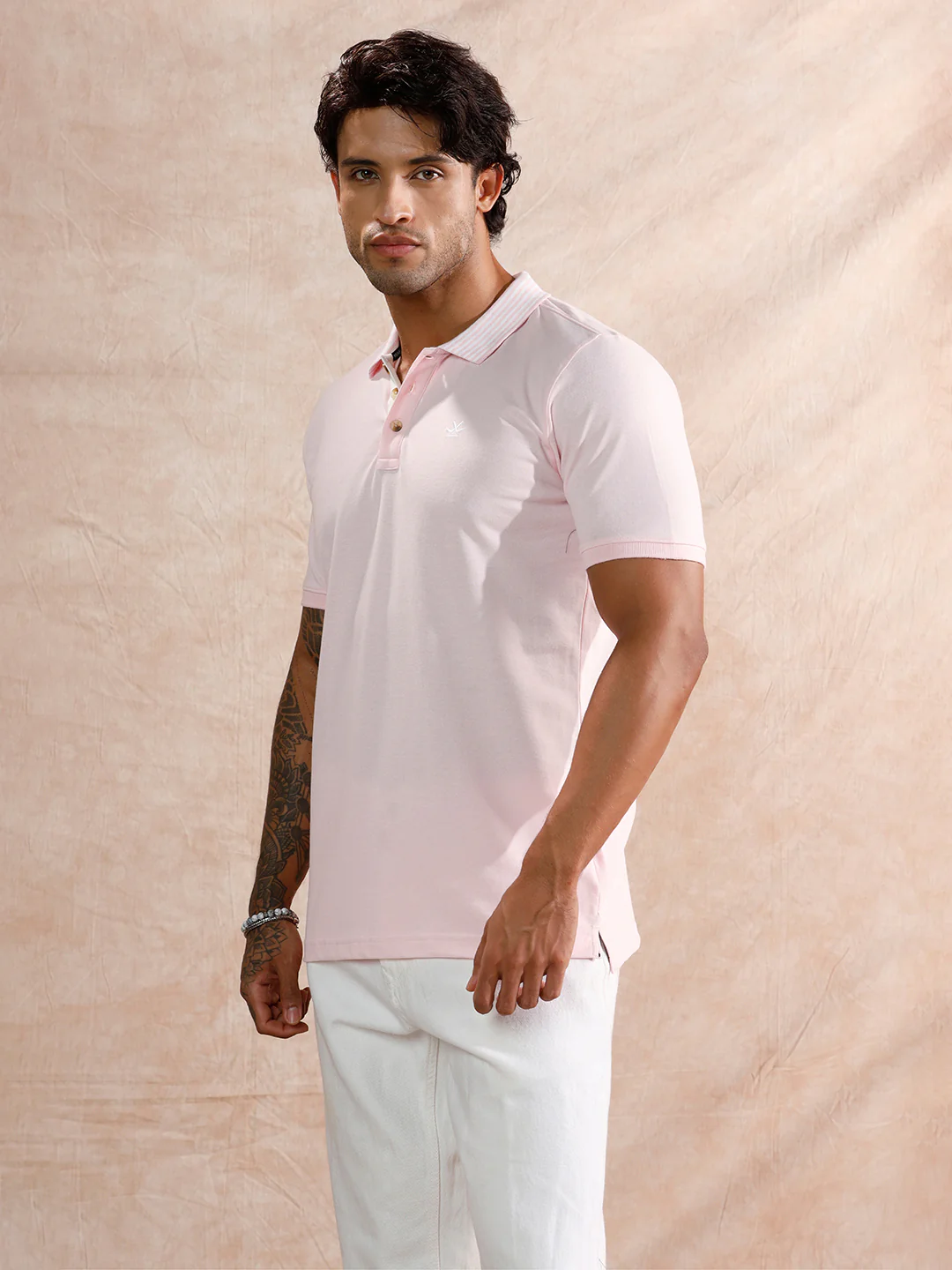 Striped Collar Slim Fit Polo T-Shirt | Light Pink - Image 4