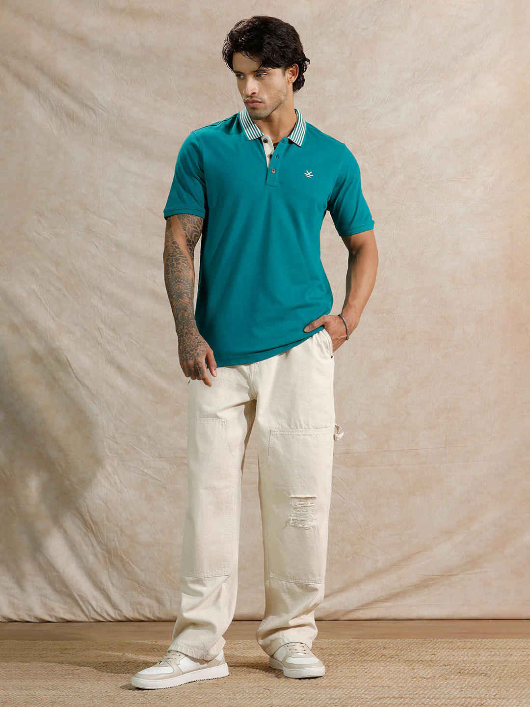 Striped Collar Slim Fit Polo T-Shirt | Teal - Image 2
