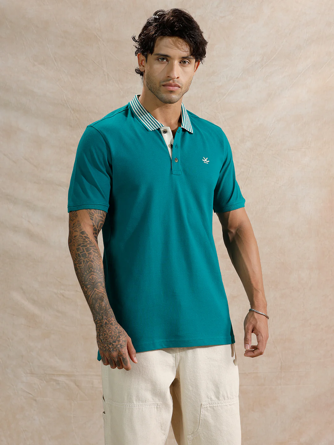 Striped Collar Slim Fit Polo T-Shirt | Teal - Image 4