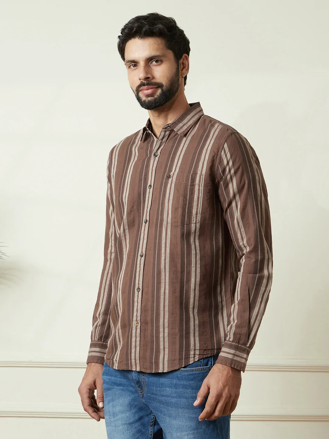 Striped Slim Fit Dobby Shirt | Brown - Image 4