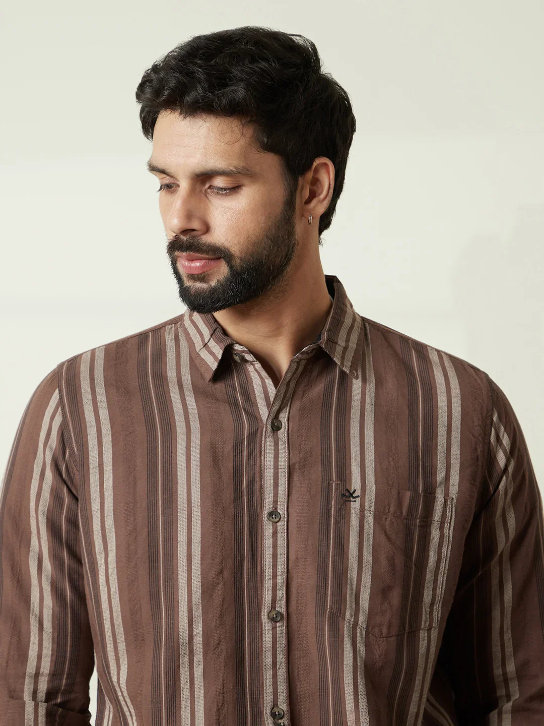 Striped Slim Fit Dobby Shirt | Brown - Image 5