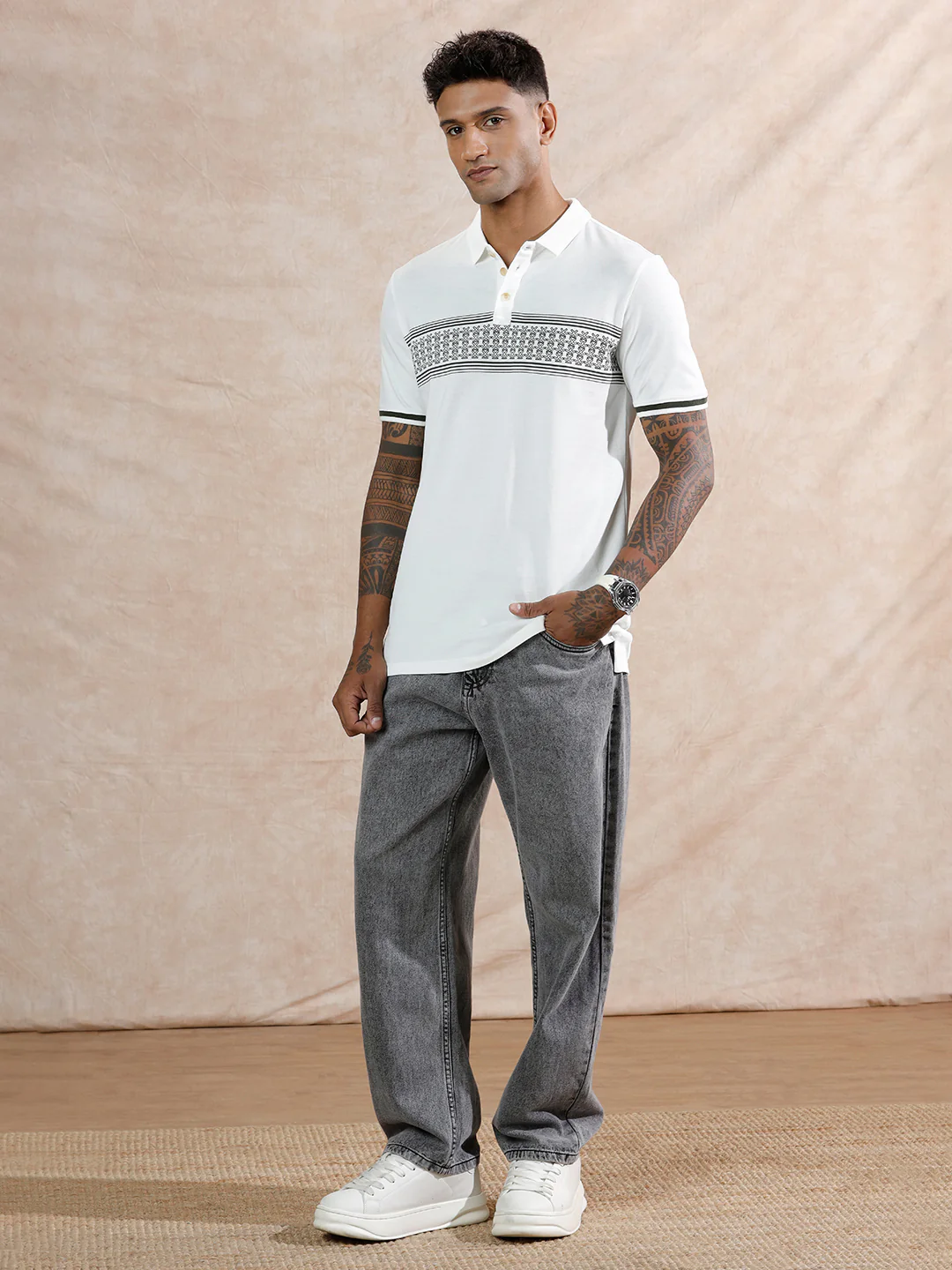 Striped Logo Printed Polo T-Shirt |White - Image 2