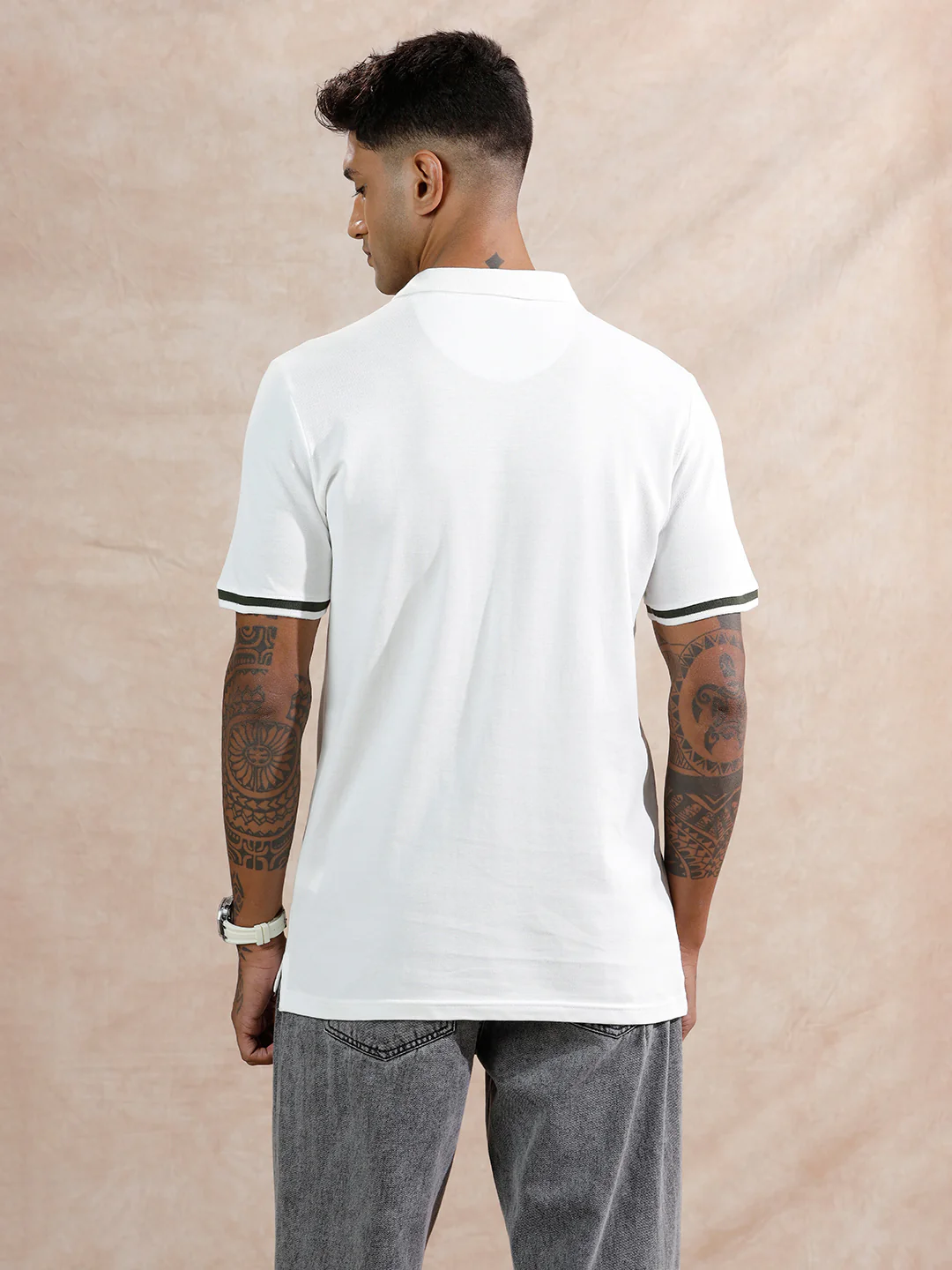 Striped Logo Printed Polo T-Shirt |White - Image 3