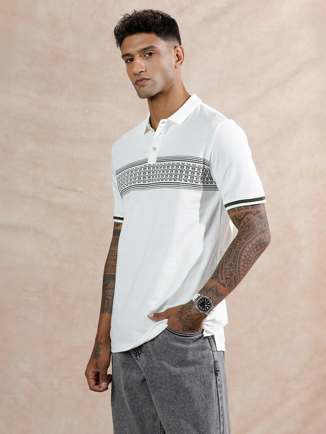 Striped Logo Printed Polo T-Shirt |White - Image 4