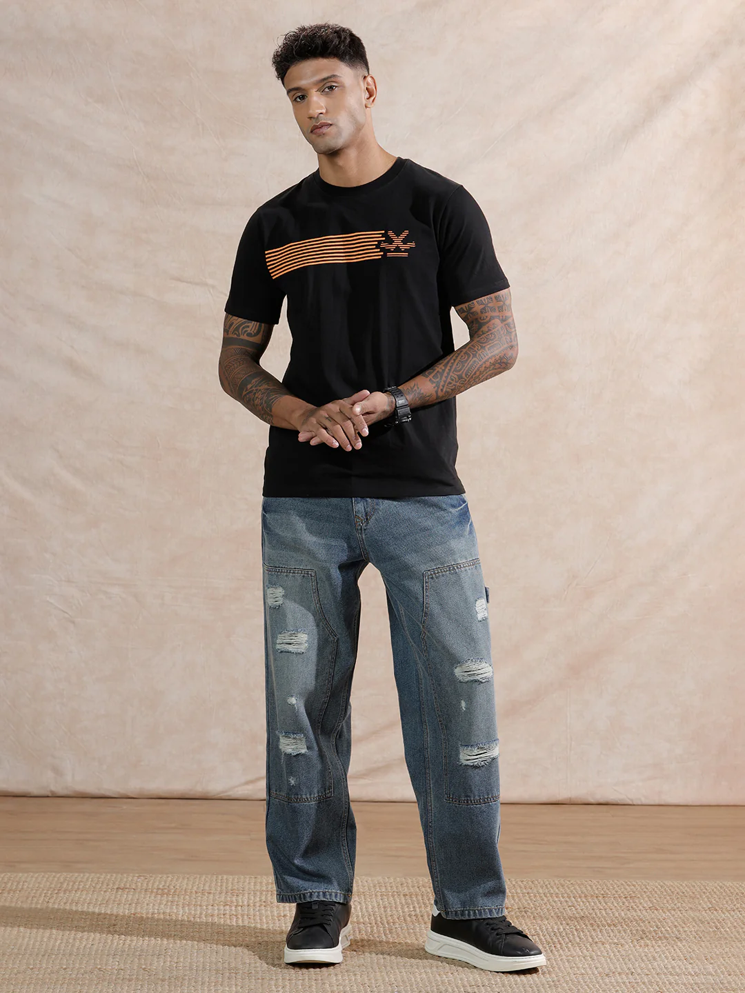 Striped Logo Printed T-Shirt | Black - Image 2
