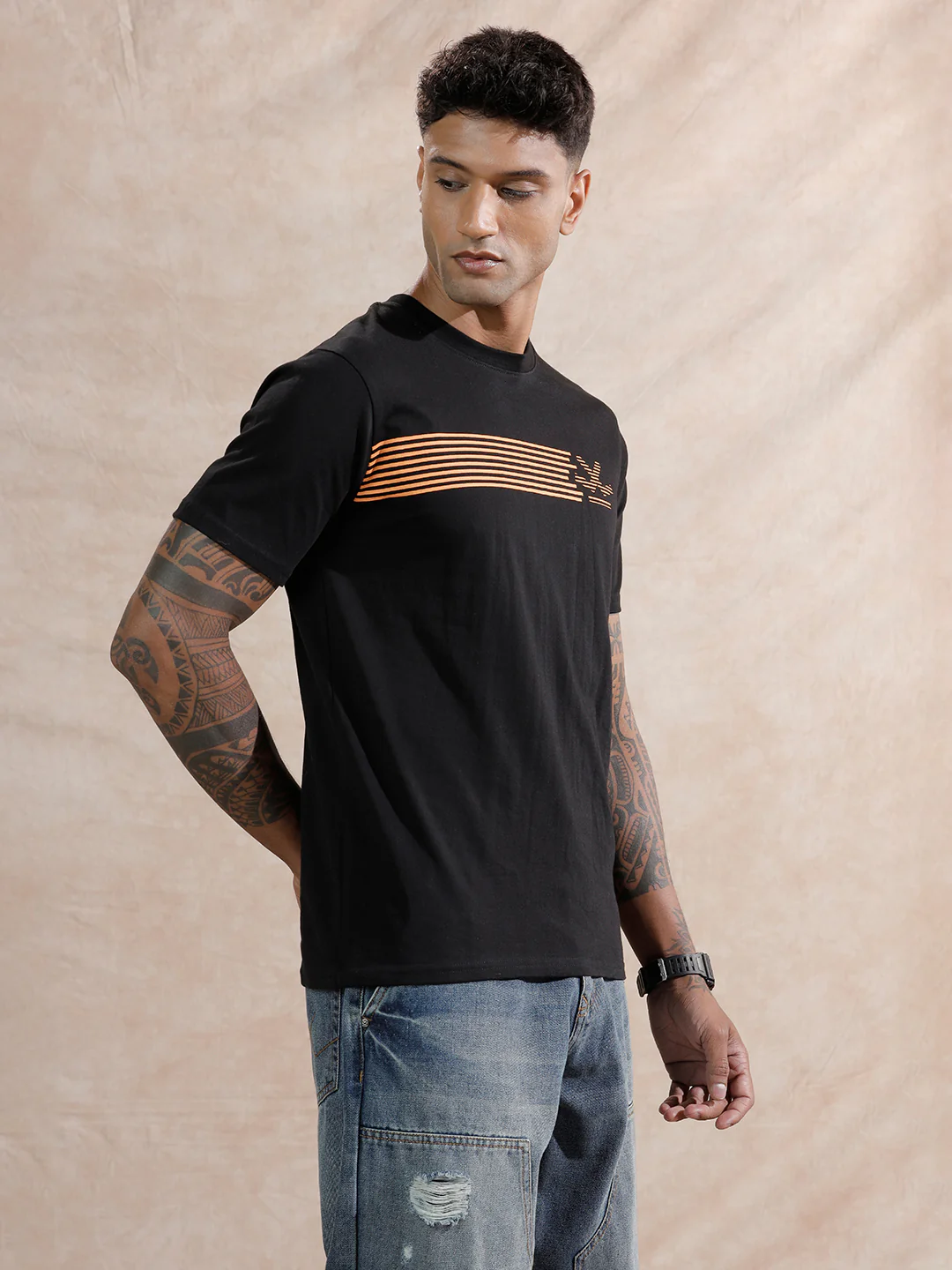 Striped Logo Printed T-Shirt | Black - Image 4