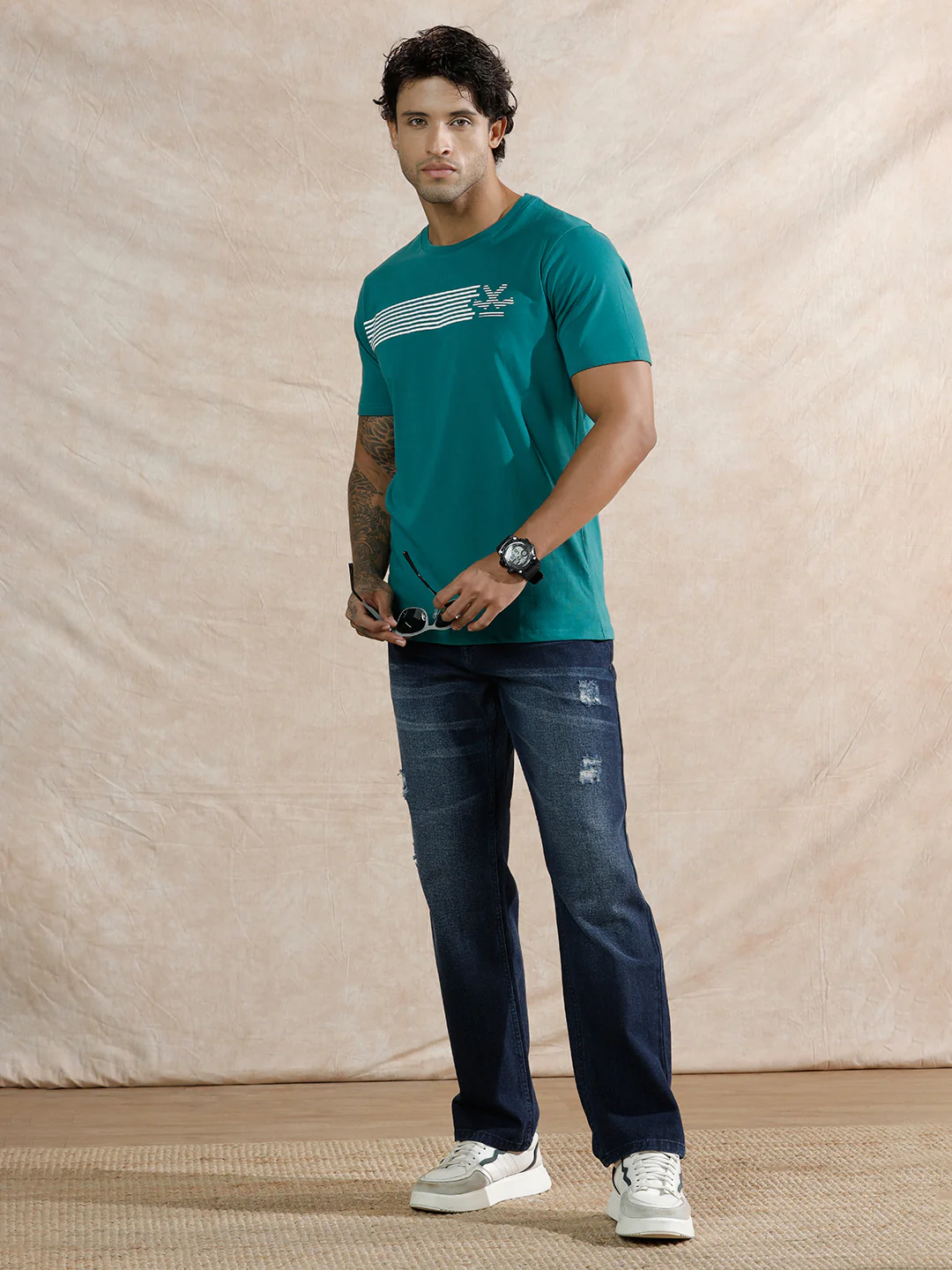 Striped Logo Printed T-Shirt | Teal - Image 2