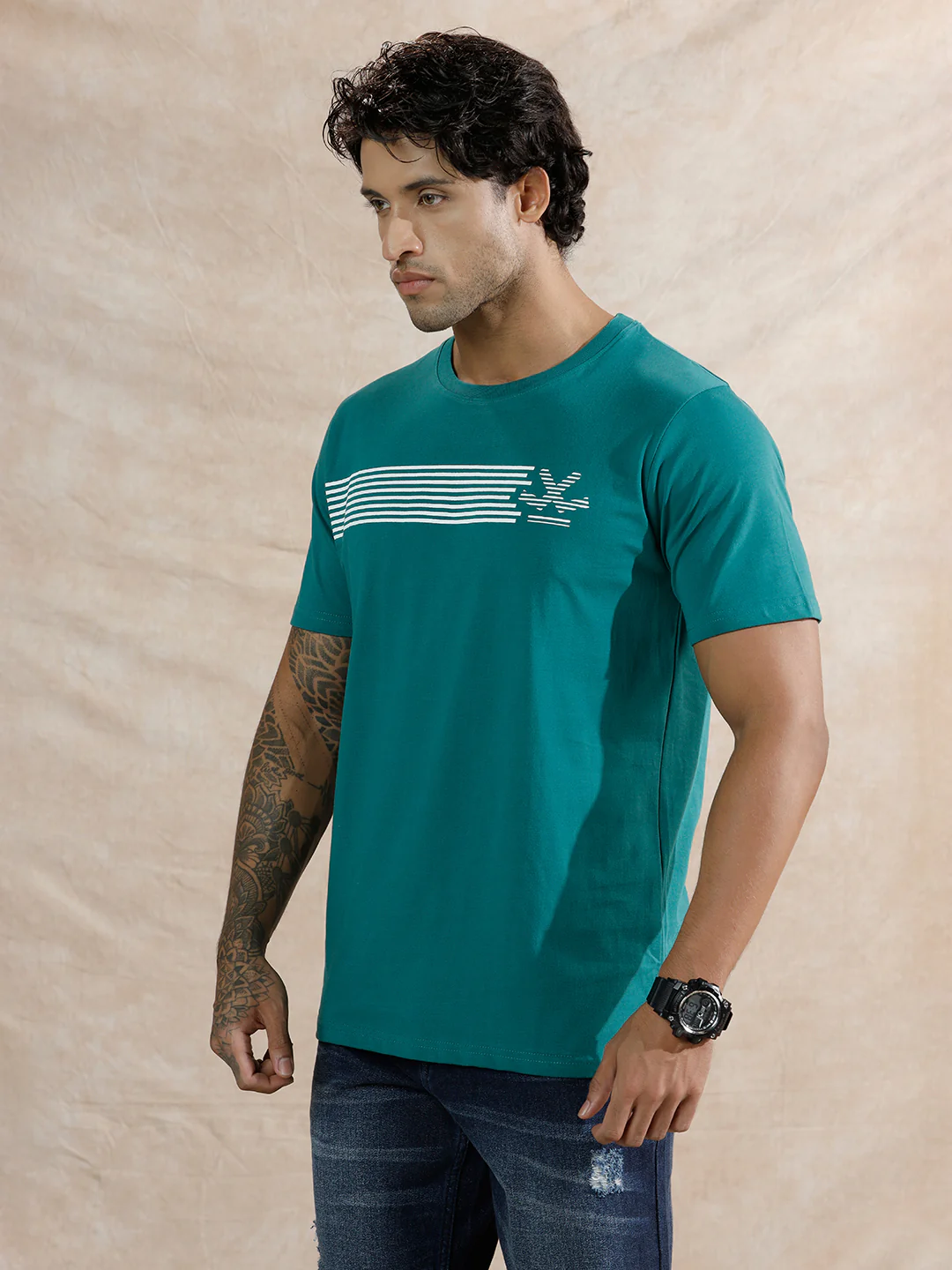 Striped Logo Printed T-Shirt | Teal - Image 4