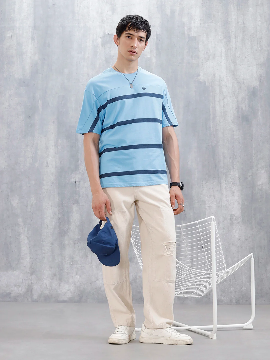 Striped Men's Casual Oversized Fit T-Shirt | Blue - Image 2