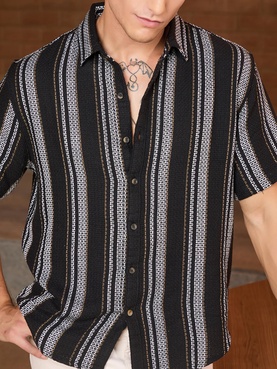 Striped Open Dobby Shirt | Black - Image 5