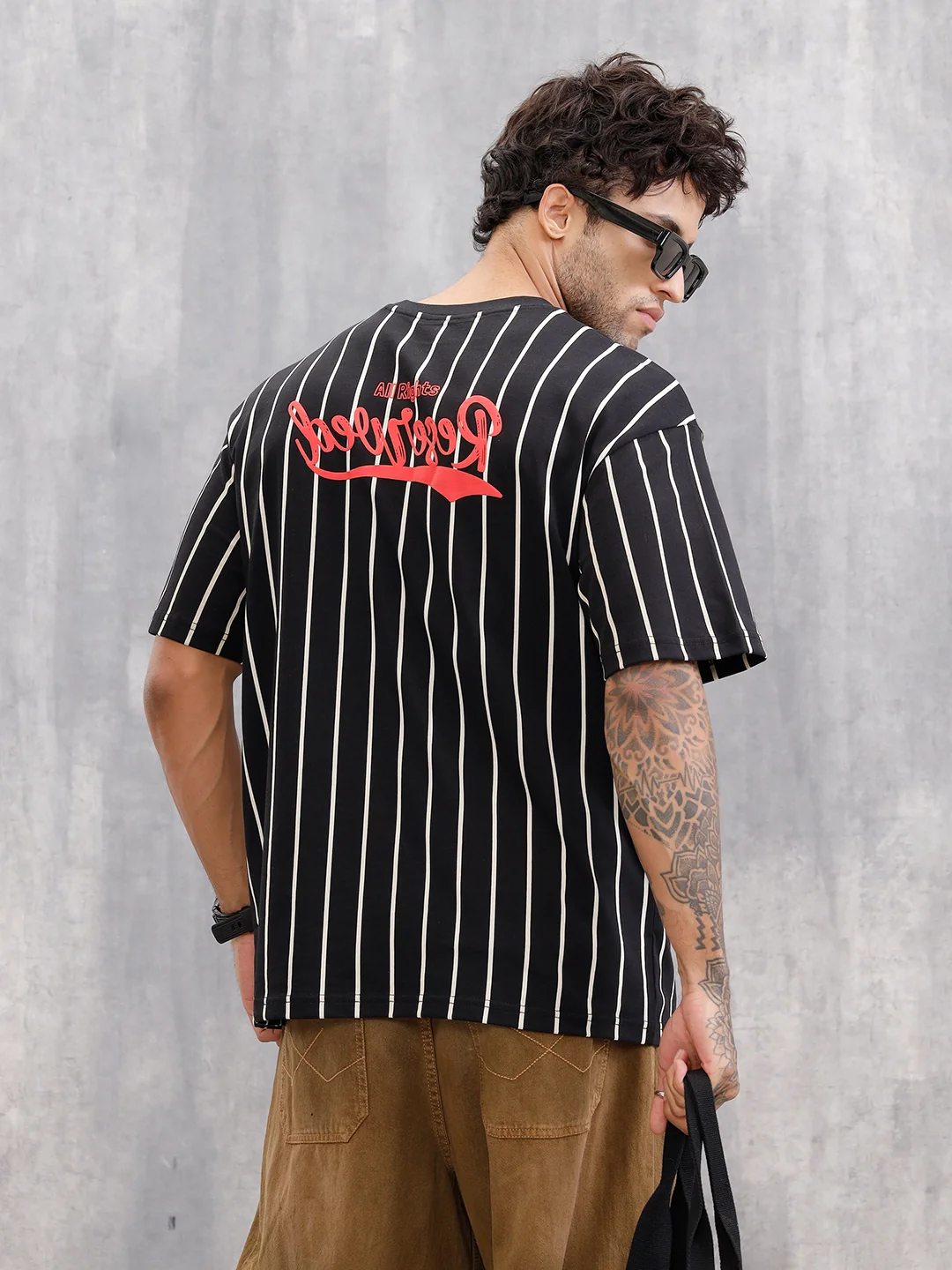 Striped Oversized Fit T-shirt With Puff Print | Black - Image 12
