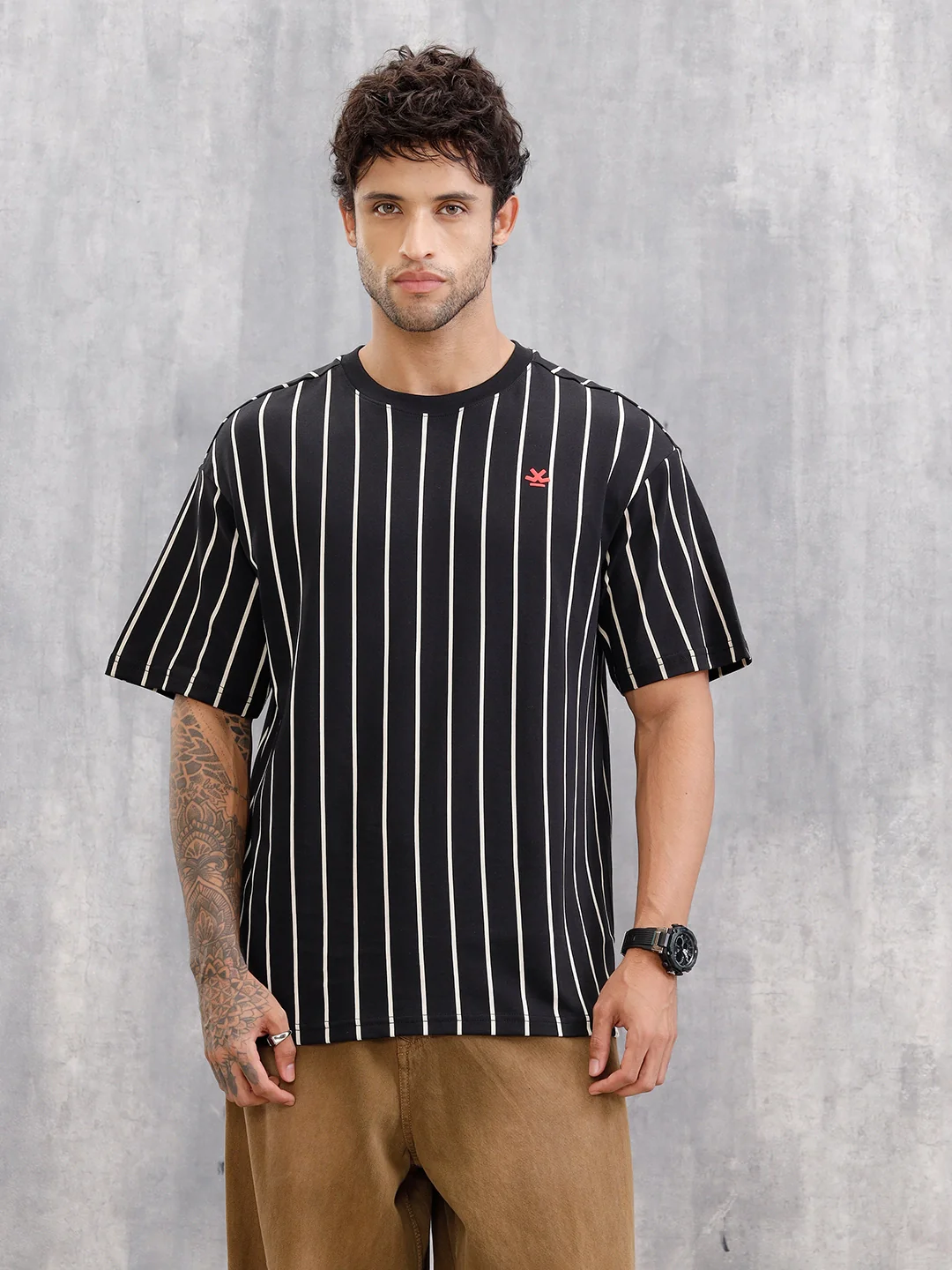 Striped Oversized Fit T-shirt With Puff Print | Black - Image 3