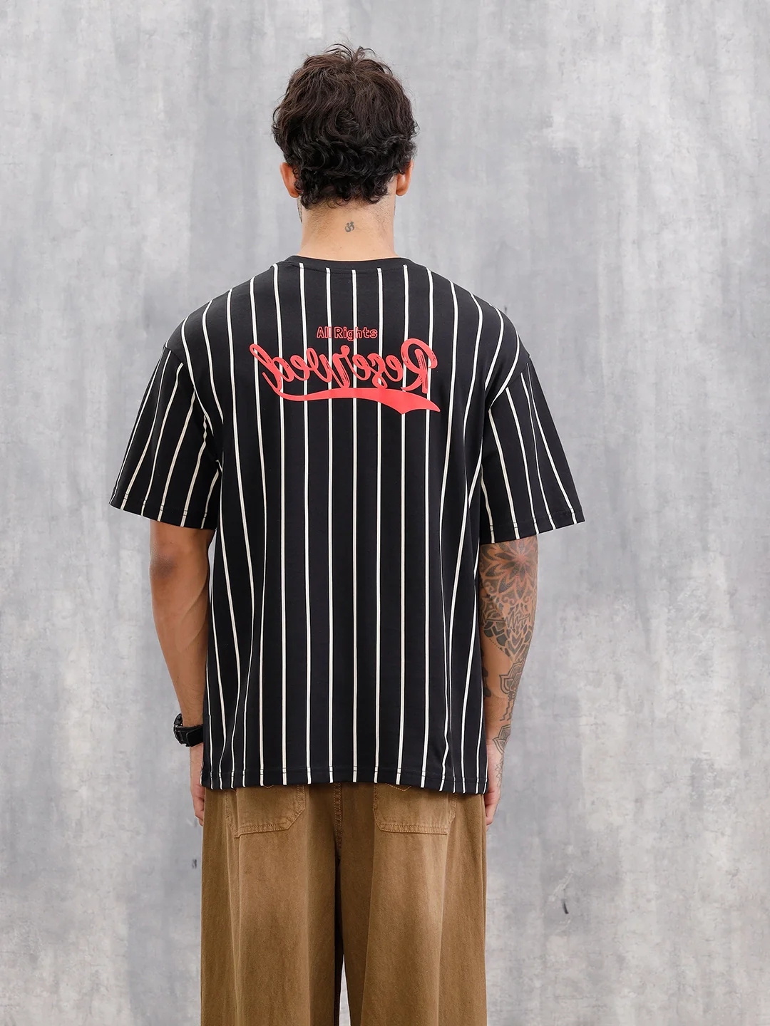Striped Oversized Fit T-shirt With Puff Print | Black - Image 5
