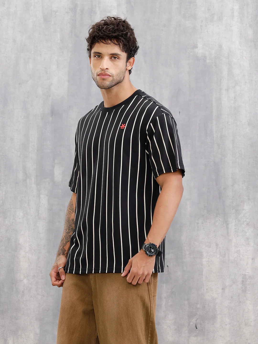 Striped Oversized Fit T-shirt With Puff Print | Black - Image 6