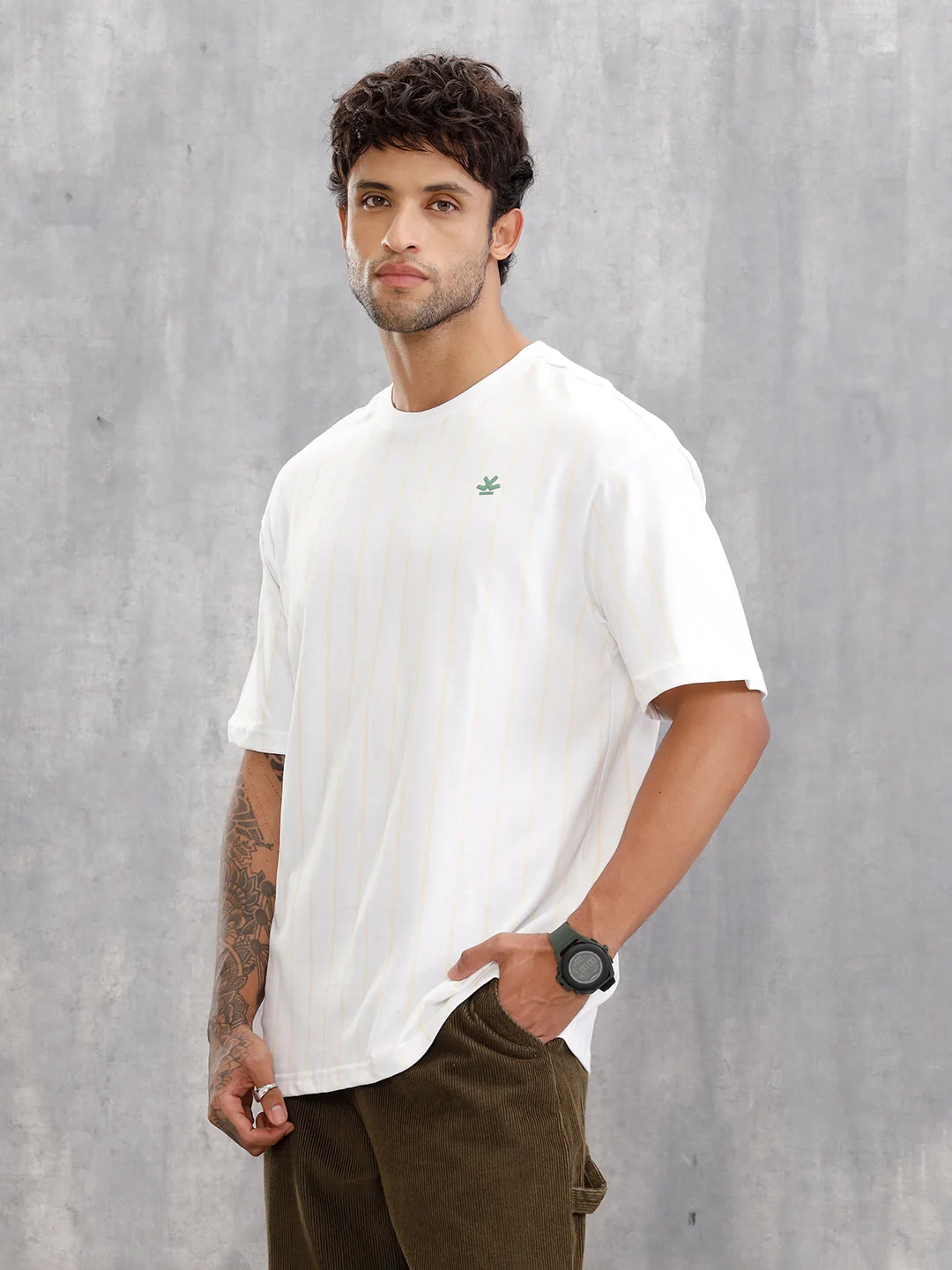 Striped Oversized Fit T-shirt With Puff Print | White - Image 4