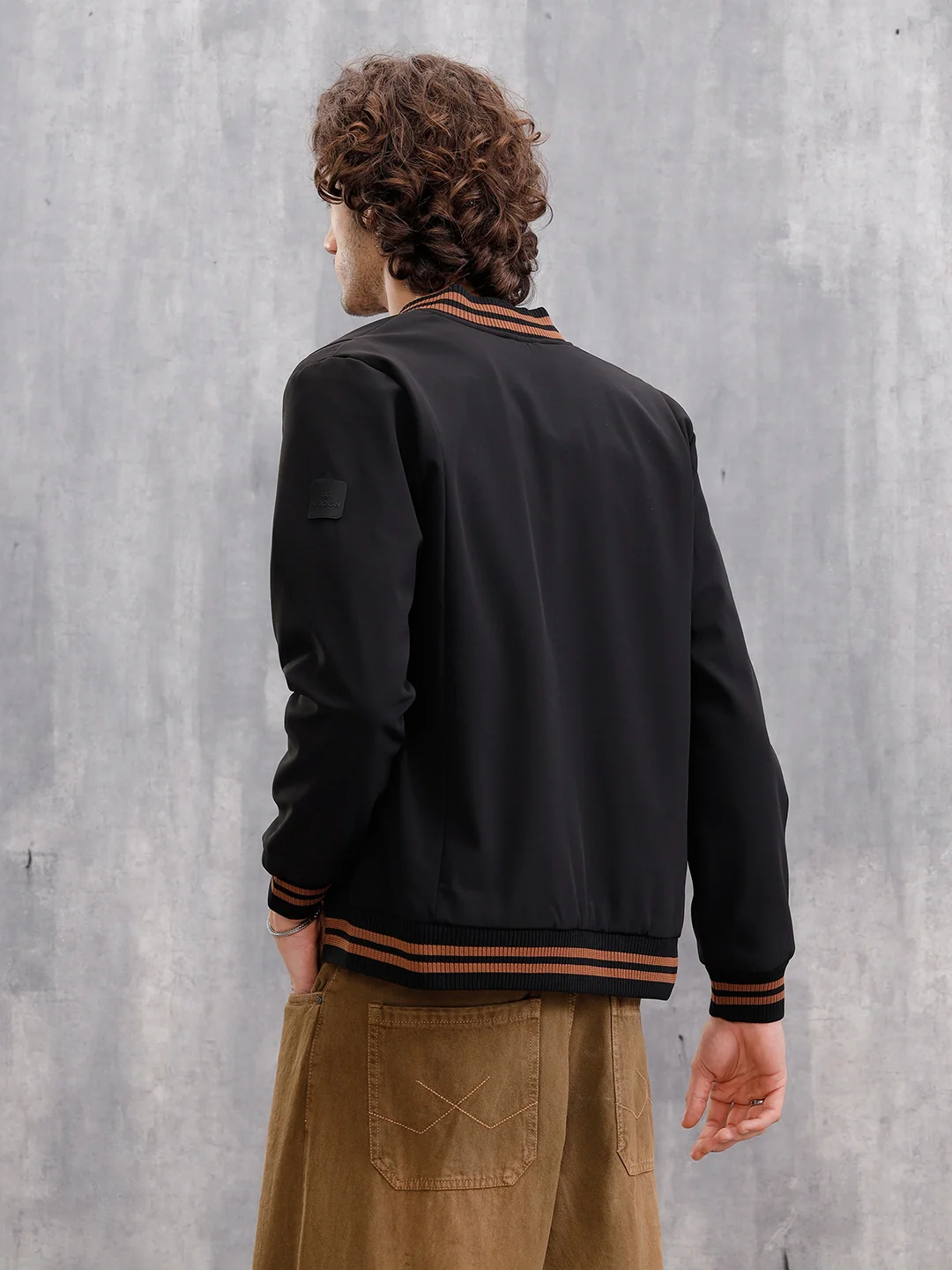 Striped Rib Slim Fit Bomber Jacket  |  Black - Image 3