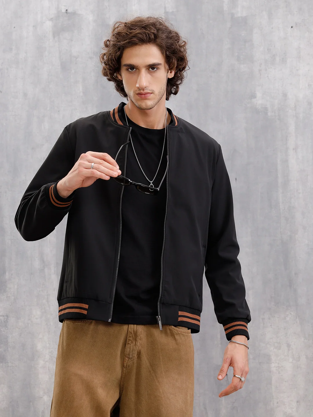 Striped Rib Slim Fit Bomber Jacket  |  Black - Image 4