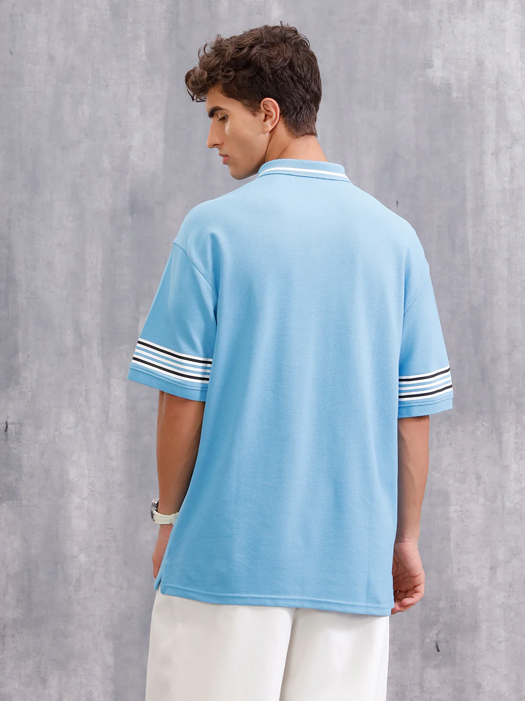 Striped Sleeve Oversized Fit Polo T-Shirt | Blue - Image 3