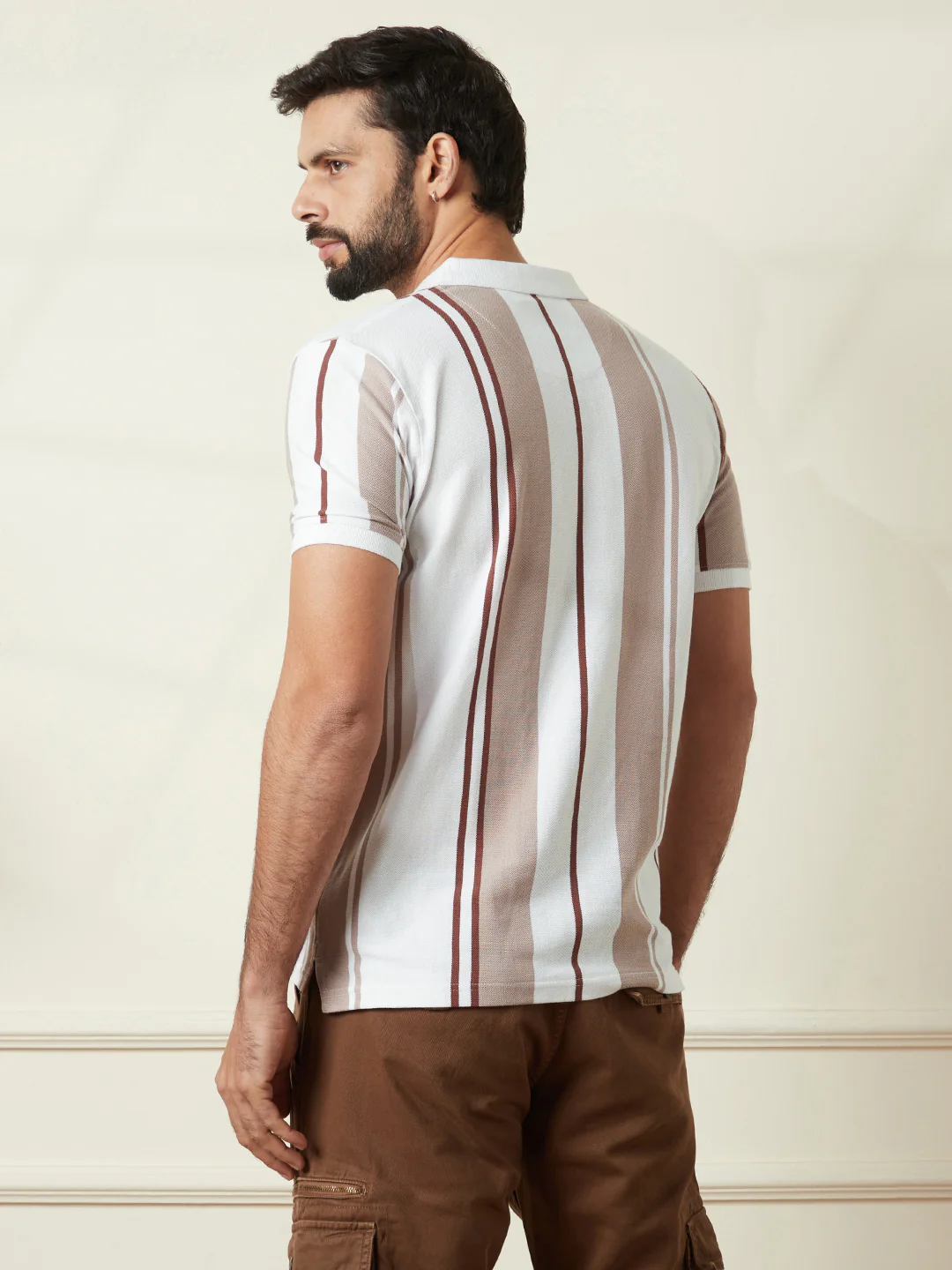 Striped Slim Fit Polo T-Shirt in Off White - Image 3