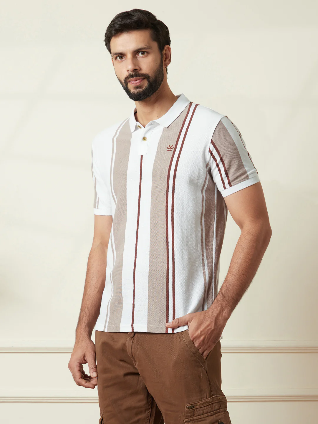Striped Slim Fit Polo T-Shirt in Off White - Image 4