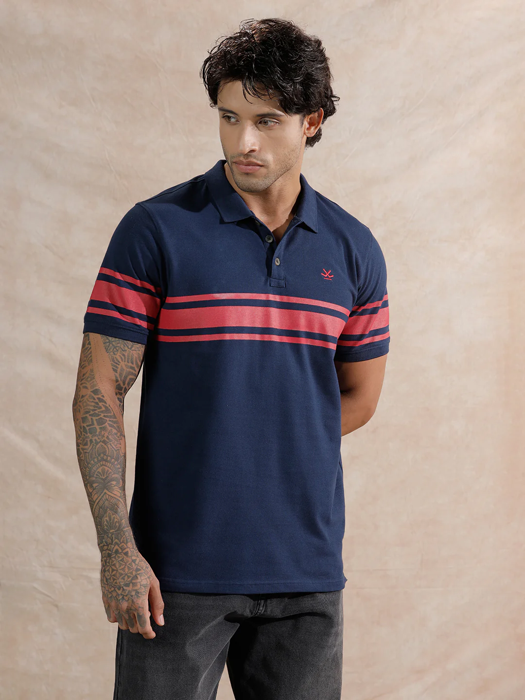 Striped Slim Fit Polo T-Shirt  | Navy Blue - Image 4