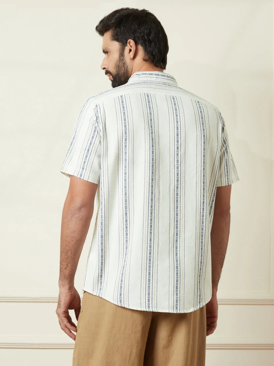 Textured Short Sleeve Striped Shirt  | Off White - Image 3