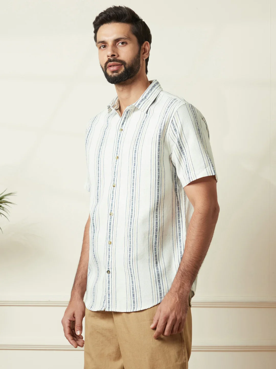 Textured Short Sleeve Striped Shirt  | Off White - Image 4
